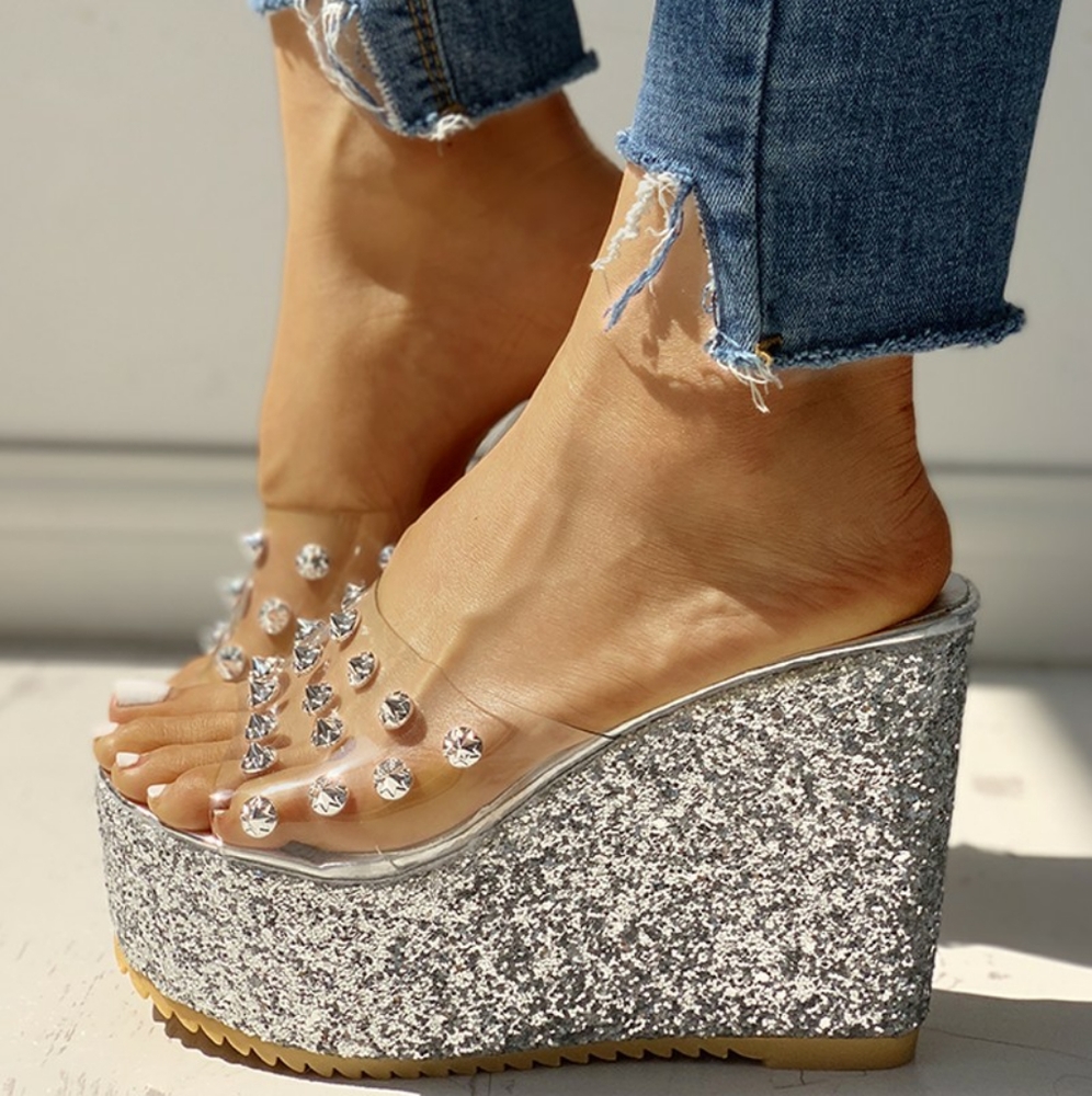 Transparent Rivet Detail Platform Wedge Sandals